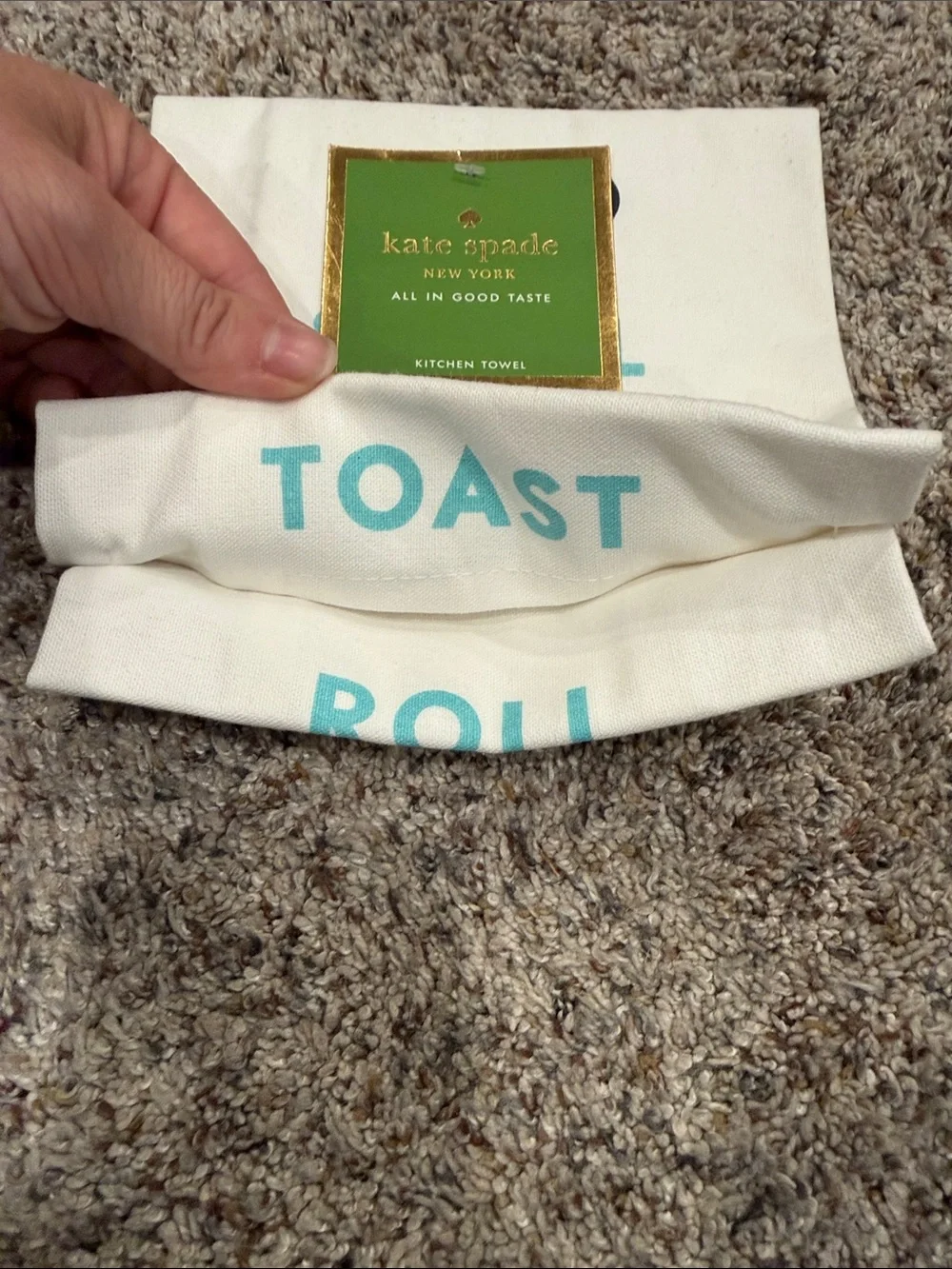 kate spade White Kitchen Towel with Green and Navy Lettering